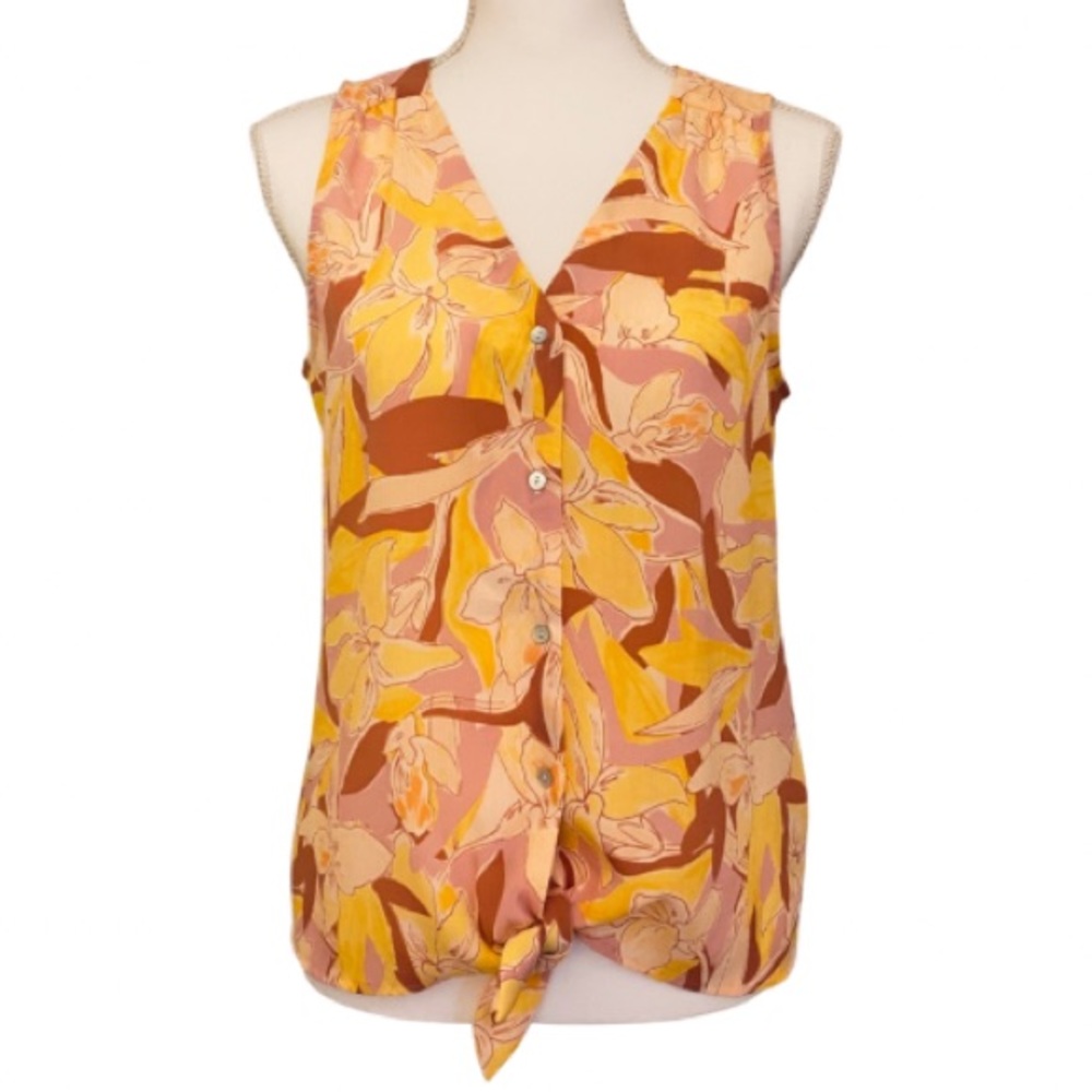 NWOT Nine West Sleeveless Button-Down Blouse with Tie✨Pink + Yellow Floral (S)